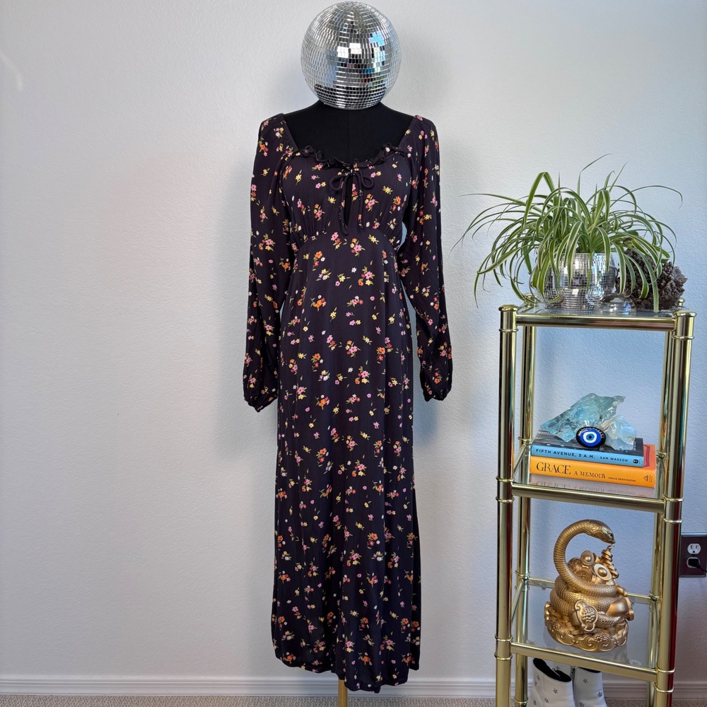 Billabong Floral Maxi Dress, Black XS, Long Sleeve Boho Prairie Cottage whimsy - Picture 2 of 16